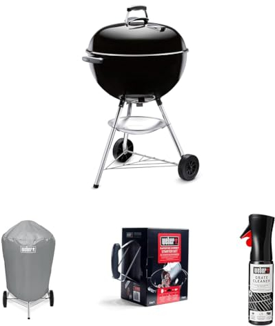 Bundle - Weber Bar-B-Kettle Charcoal Barbecue, 57cm | BBQ Grill with Lid Cover, Tripod Stand & Wheels | Freestanding Outdoor Oven & Cooker with Porcelain-Enamelled Bowl - Black (1331004)
