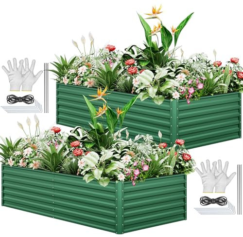 YITAHOME 2Pcs Outdoor Raised Garden Bed Kit 240x120x58cm, Raised Beds Thickened Zinc-Aluminum-Magnesium Metal Raised Beds for Garden with Support Rod & Gloves for Vegetables Flowers Fruits (Green)