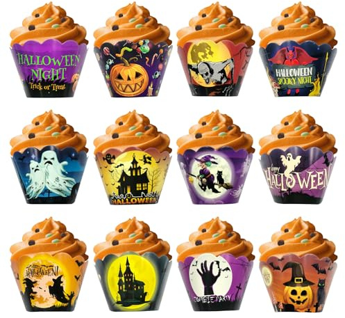 Qaixwuyi 24 Stück Halloween Cupcake Wrappers 12 Designs Muffin Dekoration Verpackung Papier Wrapper Kuchen Dekorationen Halloween-Kuchenaufsätze für Party Backbecher