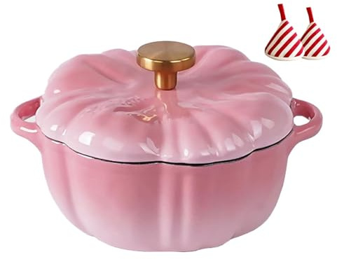 Forno Olandese In Ghisa, Simpatica Pentola Multifunzionale A Forma Di Zucca Con Morsetto Triangolare Termoisolante, Cocotte Smaltata Con Coperchio E Doppi Manici, Per Decorare La Festa(Pink)