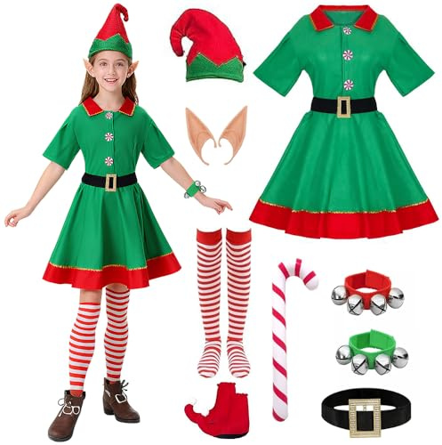 Weihnachtself Kostüm Set, Weihnachtself Kostüm Damen, Elfen Kostüms Damen, Weihnachten Kostüms, Weihnachtskostüm mit Wichtel Kleid Elfenohren Kleid Hat Socken Gürtel Zubehör, Weihnachts Cosplay, 140CM