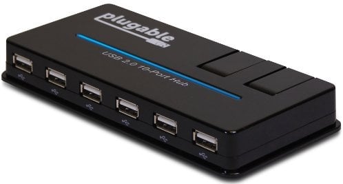 Plugable USB Hub, 10 Port - USB 2.0 with 20W Power Adapter and Two Flip-Up Ports