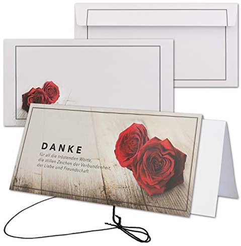 25x Trauerkarten-Set Johanna - Rosen-Motiv - DIN Lang Danksagung Komplett-Paket mit Umschlag & Einlege-Blätter & schwarzem Schmuck-Band - in stabiler Box - Trauer-Papiere by GUSTAV NEUSER