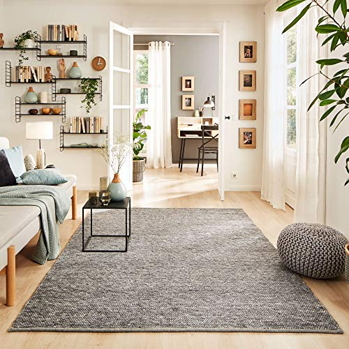 Steffensmeier Handwebteppich Rellenbach | Wolle (Schurwolle), gewalkt, Anthrazit, handgewebt, Größe: 130x190 cm Wohnzimmer und Schlafzimmer