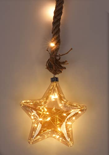 LED Glas Weihnachtsstern silber zum Hängen mit Timer - Ø 20 cm - Stern Dekohänger warm weiß beleuchtet Batterie betrieben - Glasstern Dekoleuchte Weihnachten Advent Winter Fensterdeko