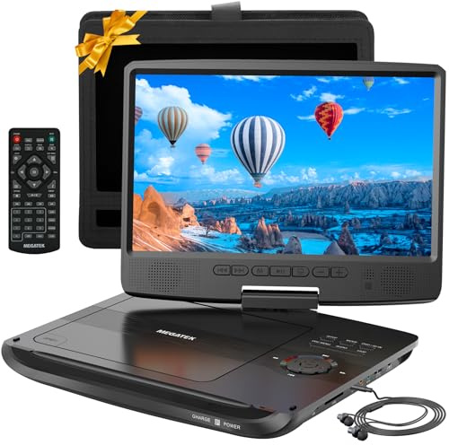 MEGATEK 12.5 Portable DVD Player with 10.5 Screen & Headphones, Car DVD Player for Kids with Headrest Mount, 6-Hour Battery, Supports CD/DVD/USB/SD Card, Remote - Black
