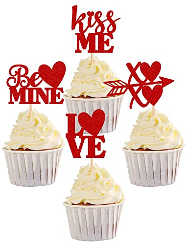 24 Stück Valentine's Day Cupcake Toppers Rot Glitter Kiss Me Be Mine XOXO Liebe Muffin Dekoration Valentinstag Thema Hochzeit Brautdusche Geburtstag Party Kuchen Dekorationen Zubehör