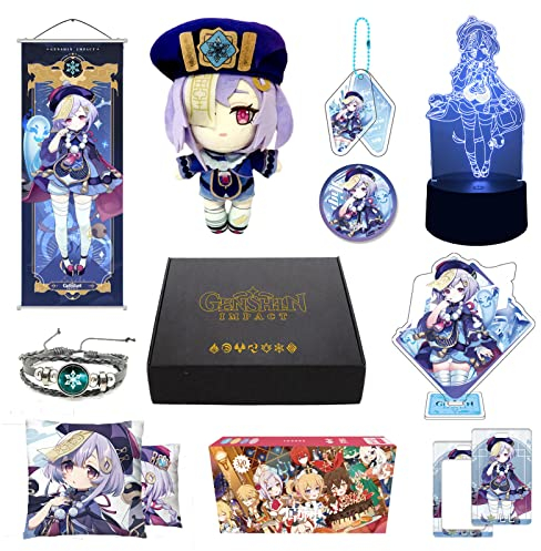 349Pcs Genshin Impact Box Qiqi Merch Set mit 12 Arten von Genshin Merch, Plüschpuppen, Poster und Nachtlicht, Geschenke Sammlerstücke für Fans (Qiqi)