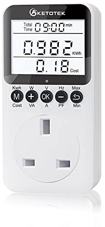 KETOTEK Power Meter Plug Electric Usage Monitor, Energy Monitor with Backlight LCD Display, Voltage Amps Watt KWH Consumption Monitor, 2900W/13A Overload Protection
