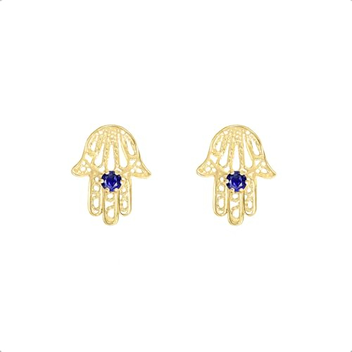 Lucchetta - Lobe Ohrringe aus 14k Gelbgold mit Hand der Fatima/Hamsa mit blauem Saphir, Gold Ohrringe Damen 585 Echtgold - Hochwertiges Schmuck hergestellt in Italien
