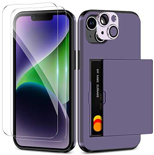Coolden for iPhone 14 Plus Case with Card Holder & 2 Screen Protector + 1 Camera Lens Protector Full Body Heavy Duty Protective Case Shockproof Wallet Case Cover for iPhone 14 Plus Phone Case-Purple