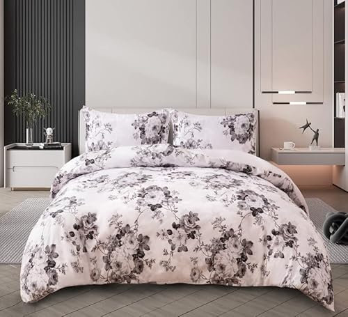 PRIME LINENS Duvet Cover Set 3 Pcs Polyester-Cotton Quilt Cover Bedding Set With 2 Pillow Cases Machine Washable Anti Allergic Duvet Sets (Vintage Floral Grey, Double)