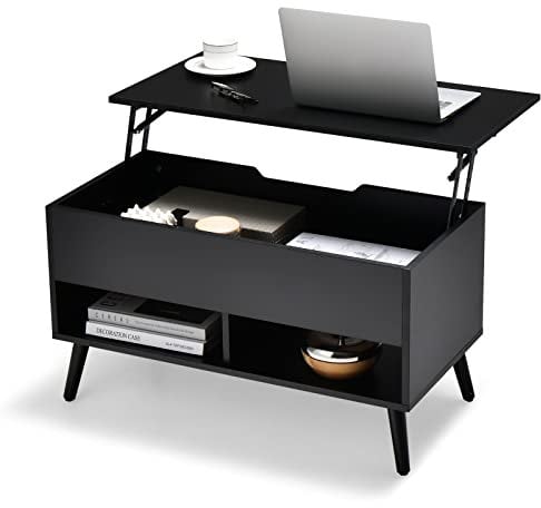CASART Lift Top Coffee Table, Wooden Lifting Sofa Tea Table with Hidden Compartment & Open Shelves, Home Office Floating Retractable Snack Coffee Tables for Living Room Bedroom Study (Black)