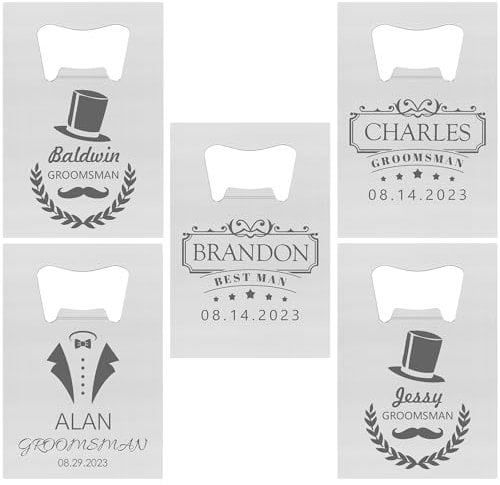 5PCS Personalised Bottle Openers Credit Card Size, Groomsmen Best Man Gifts for Wedding Bachelor Party, Stainless Steel Beer Bottle Opener, Silver