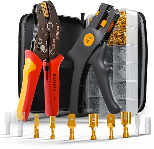 BAURIX® Crimpzange & Abisolierzange mit 300 Flachsteckhülsen 0,50–2,50 mm² – Elektriker Werkzeug für zuverlässige Kabelverbindungen – KAIRON & AKURA