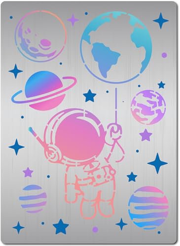 GORGECRAFT Astronauten-Schablonen Weltraumthema Metall-Zeichen- Und Malschablone Planet Erde Stern Edelstahl-Vorlage Zum Malen Auf Holzböden Wandfliesen Scrapbooking DIY-Basteln 19x14 cm