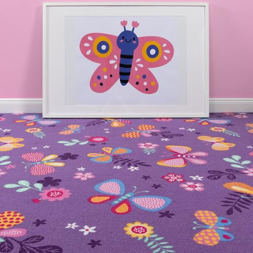 Steffensmeier Teppichboden Sophia Meterware | Auslegware für Kinderzimmer | Spielteppich | Schmetterling Lila, Größe: 100x600 cm