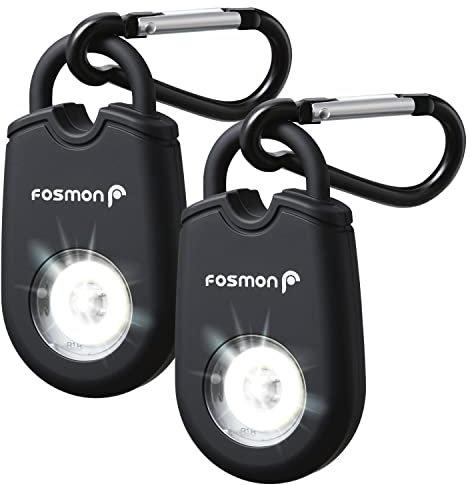 Fosmon - Persönlicher Anti-Aggressions-Taschenalarm - Alarm für Frauen und Männer - 130dB Sirene, hörbar bis zu 180m - Persönlicher Alarm mit Blitzlicht - Mit Karabinerhaken - 2er Pack - Schwarz