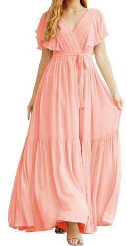 Doppio scollo a V Principessa Abiti da damigella d'onore Increspature Abiti da ballo Abito da sera formale in chiffon, Rosa pesca., 44