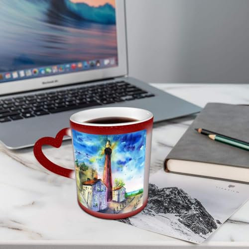 AELKSP Kaffeetassen – Farbwechseltasse, Magic Mug,Thermobeschichtung, 335ml, Keramik - Geschenkidee Männer, Frauen,Landschaft mit einem Leuchtturm Häuser und ein Leuchtturm der Himmel und das Meer am
