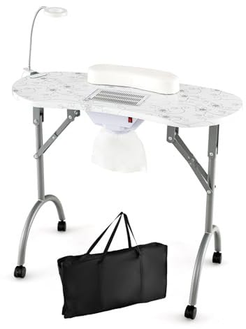 RELAX4LIFE Portable Manicure Nail Table, Mobile Folding Nail Technician Desk Workstation with Dust Collector, LED Lamp, Removable Wrist Cushion, Carry Bag, Professional Beauty Art Desk (White)