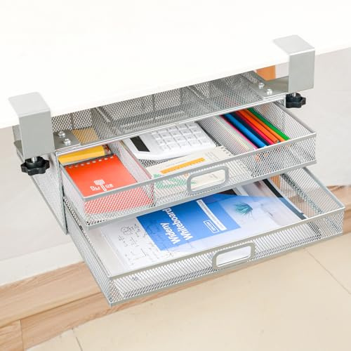 DESKORGA Tiroir sous bureau renforcé – 2 tiroirs coulissants A4 – Organisateur de rangement métal (GRIS)