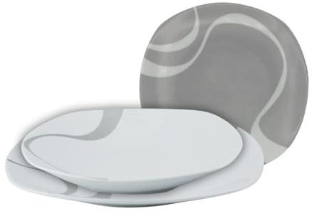 Omniacasa Kyo Grigio – Servizio piatti 36 pezzi in porcellana, 12 piani 25 cm + 6 fondi 23 cm + 6 frutta 19 cm, finitura lucida, stile moderno nordico, lavastoviglie e microonde