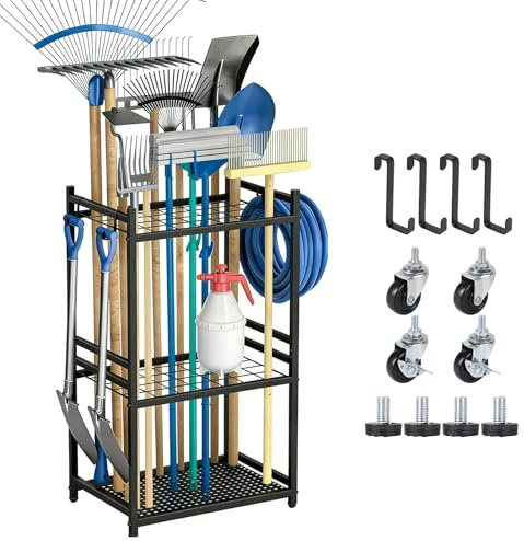 efuturetime Organisateur d'Outils de Jardin 35 Emplacements, 80 × 43 × 30cm | Support Rangement en métal, 3 Niveaux avec roulettes pour Garage Pelouse Abri