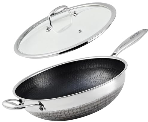 Garvee Wokpfanne Induktion mit Deckel 33 cm, Wok Induktion Edelstahlpfanne, Wabenpfanne Wabenstruktur Antihaft Kratzfest, Wok Pfanne für alle Herdarten Geeignet, Ofen-und Spülmaschinenfest