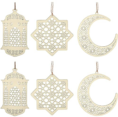 ANCLLO 2 Sätze 6 Stück Holz Anhänger Ornament Ramadan Kareem Dekoration Mondstern Windlicht Form Anhänger Ornament für Ramadan Mubarak Eid Dekorationen