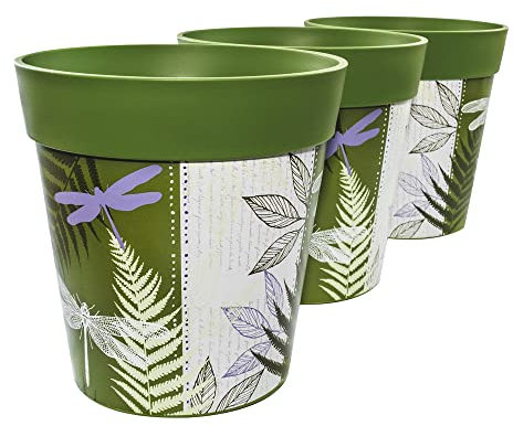 Hum Flowerpots, set of 3 green dragonflies, colourful planters indoor/outdoor pots 22cm x 22cm (14 designs available)
