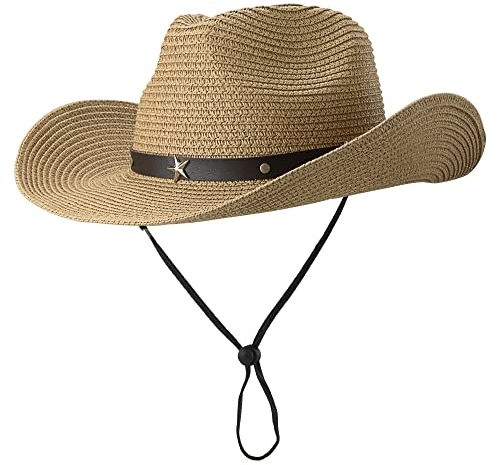 Straw Cowboy Hat for Women Men Western Sun Hat Wide Brim Summer Belt Cowgirl Hats(M-L), Khaki, One Size
