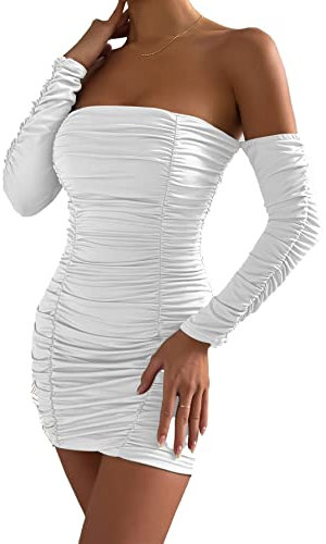 AIEOE Vestito Curvy da Donna Aderenti a Maniche Lunghe Vestito Corto Elegante Sexy Taglia M Bianco
