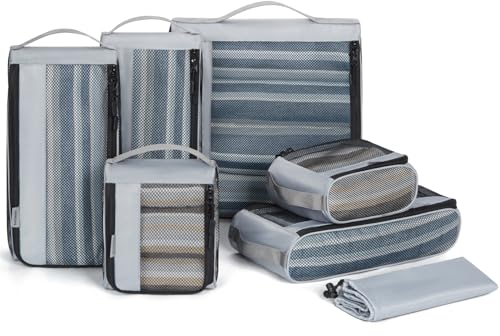 BAGSMART Packing Cubes Backpack, Packwürfel Rucksack, Kleidertaschen, 7-teilig Koffer Organizer set, Packtaschen Erweiterbar Kofferorganizer, Travel Organizer für Urlaub und Reisen, Grau
