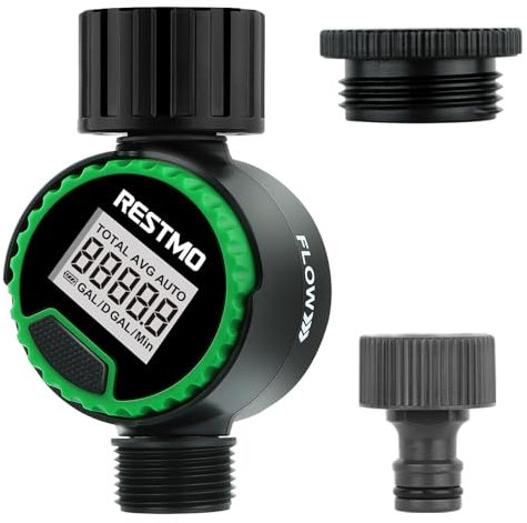 RESTMO Water Flow Meter with 360° Rotatable Control Panel, Measure Gallon/Liter Consumption and Flow Rate for Garden Hose Nozzle Watering, RV Water Tank Filling, Lawn Sprinkler, Irrigation System