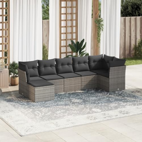 QJBSAVVA 7-TLG. Garten-Sofagarnitur, Sitzecke Balkon Loungesessel Eckbankgruppe Balkonstühle Geeignet für Balkon Außen Wenig Platz Garten mit Kissen Grau Poly Rattan