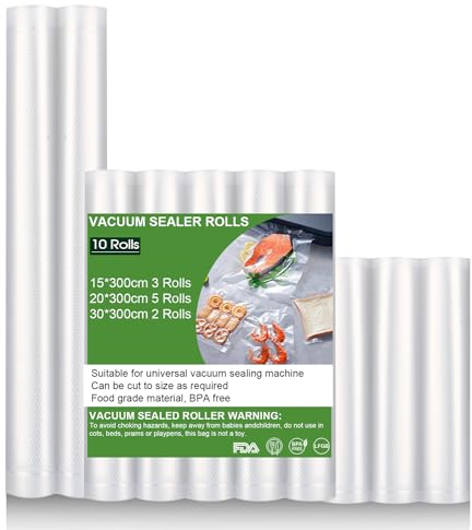 SinLaw Bolsas Envasar al Vacio Alimentos, 10 Rollos Bolsas Vacio Alimentos 15/20/30x300 cm, BPA Free, Bolsas de Film de Vacío para Todas Las Envasadoras al Vacío