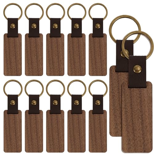 Dadabig 12pcs Porte-clés en bois vierges, Porte-clés en bois personnalisés, Porte-clés en cuir, Porte-clés bruts, Ébauches de gravure en bois pour le bricolage Cadeau