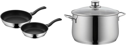 WMF Devil - Juego de 2 Sartenes Antiadherentes 24-28 cm, Sartén de Acero Inoxidable & Diadem Plus - Olla Baja 6.5 L Ø24 cm, Acero Inoxidable Cromargan, con Tapa de Cristal