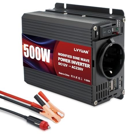 LVYUAN 500W Wechselrichter 12V auf 230V Spannungswandler, Stromwandler mit Dual-USB-Anschluss und EU-Steckdosen, Inverter