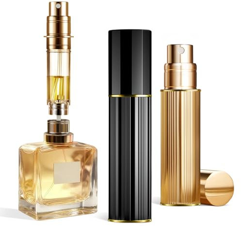 ASADAYS Portable Perfume Atomiser Refillable - 5ml Empty Travel Spray Bottle, Nano Mist, Bottom Filling Mini Atomizer, Pocket Size Cologne Dispenser for Women and Men (Black & Gold, PA)