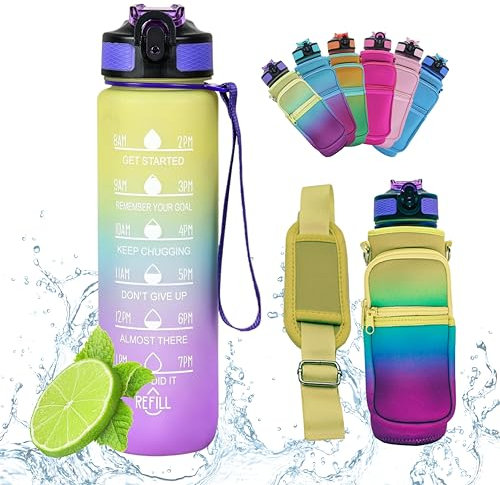 Botella de Agua Gimnasio, Botella de Agua 1L Con Pajita, Botella de Agua Deportiva Con Funda, Sin BPA, Botella de Agua Para Deporte, Botella de Agua Motivacional, Botella Agua Medidas Motivadoras.