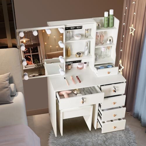 Koestem Small Make Up Desk Dressing Table Set, Vanity Table Set for Small Space, Vanity Set with Stool and 5 Drawers, Storage Shelves, Cute for Women and Girls