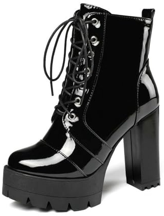GHSIRUEU Bottes à Lacets Femmes Bottines en Cuir Verni Bloc Talons Chaussures à Plateforme avec Fermeture Éclair