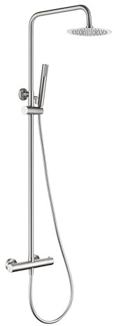 GALYON IMEX Monomando para Ducha Serie Monza, Acabado Níquel Cepillado, Barra de Ducha Extensible, Grifo Termostático de Latón con Rociador Extraplano y Flexo PVC 1,5 m