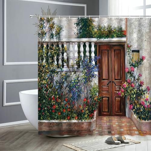 Cortina de Ducha con Paisaje de Flores de jardín, Pintura de pájaros y Gatos, decoración de Pared para el hogar, Cortinas de baño, mampara divisoria para bañera 130x180cm/WxH