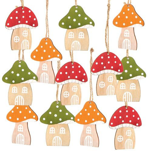 Pilz-Anhänger, 12 Stück: Holzanhänger Pilze Herbst, Herbstdeko, Hängedeko Holz, Figuren zum Aufhängen Innen, Dekoration Tisch, Zweige & Fenster, Geschenkanhänger Deko, Dekopilze Klein, 8 cm
