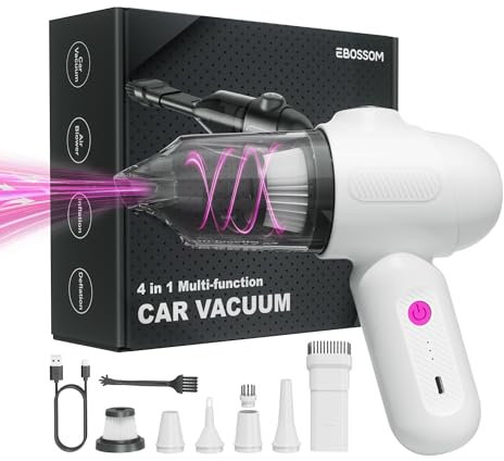 EBOSSOM Aspirapolvere Portatile Senza Fili,8kPa Aspirabriciole Senza Fili Potente,Aspirapolvere auto 4 in 1 aspirasoffia,4000mAh USB-C Ricaricabile Aspirapolvere Piccolo per Auto,Pulizia Cas,Bianco