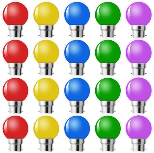 MZYOYO 20er Pack B22 LED Bajonett LED Bunte Glühbirne,1W Farbige Glühbirnen,B22 G45 Bunt,Gemischte Farben Leuchtmittel,Rot Gelb Blau Grün Violett,für Lichterkette Party Halloween Dekoration