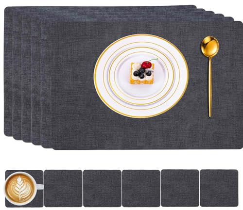 Tischsets mit Untersetzern, hitzebeständig, 100 % wasserdicht, öldicht, abwischbar, Kunstleder, doppelseitig, Schreibtischunterlagen für Esszimmer, Küche, Restaurant, 43 x 30 cm, Dunkelgrau, 6 Stück